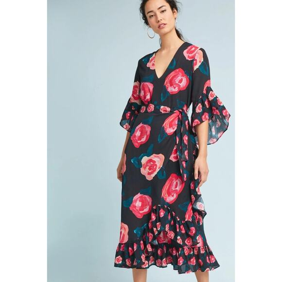 Anthropologie Blank London Verona Floral Ruffle Wrap Midi Dress   Size: Small P - Picture 1 of 6